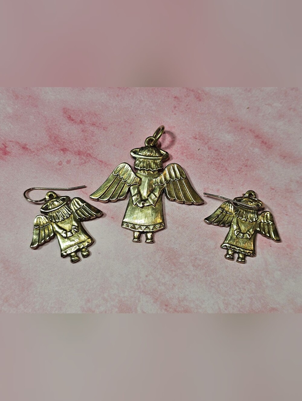 Vintage Jeep Collins Brass Angel Pendant and matching Earrings